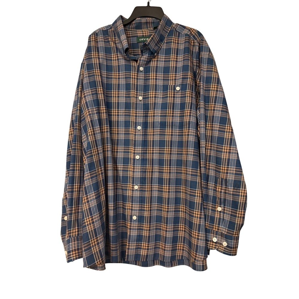 Orvis Mens XXL Classic Fit Plaid Button Down Shirt Blue Orange Long Slv. Cotton